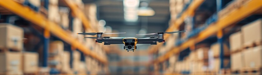 A drone is flying in a warehouse. The drone is black and white and has a green and orange tail
