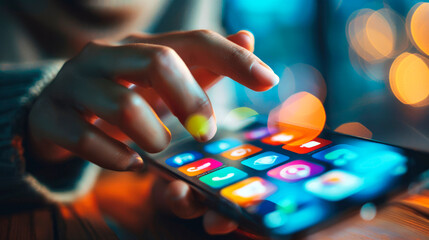 A close-up of a hand touching a smartphone screen with colorful app icons, symbolizing digital interaction, connectivity, and the modern tech lifestyle.
