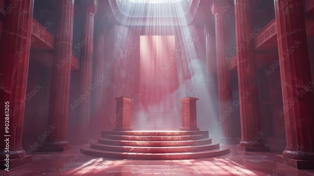 Poster a red room with a large archway and a red light shining through it