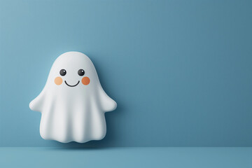 Obraz premium Illustration of a cute smiling ghost on a blue background. Halloween celebration and kid's concept. Image for banner with copy space, poster, and nursery decor. 