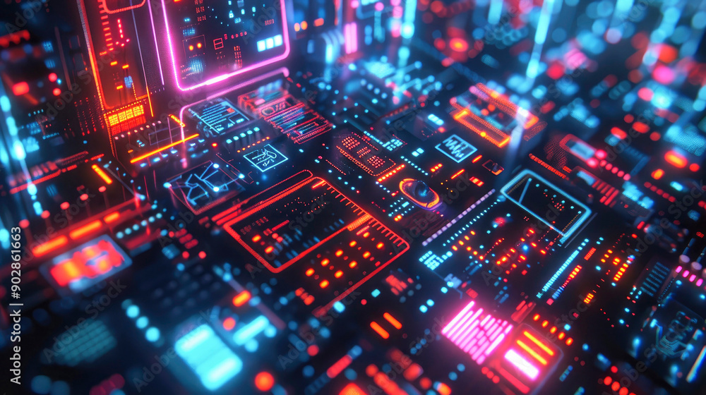 Poster a brightly lit digital circuit board, showcasing intricate patterns and glowing elements in red and 