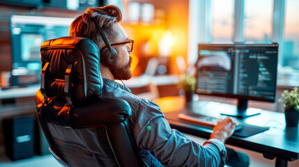 A developer wearing a headset, working on code with multiple monitors in a stylish office environment during twilight, suggesting tech proficiency.