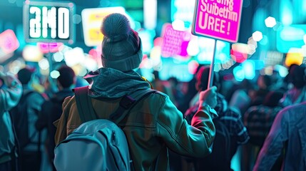 Obraz premium Futuristic neon-lit cityscape featuring colorful digital signs reflecting on a wet street at night...