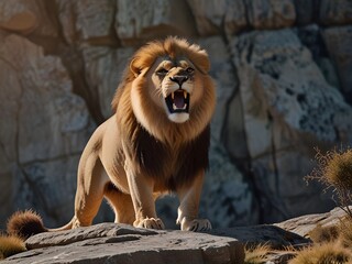 Obraz premium a lion roaring over a cliff