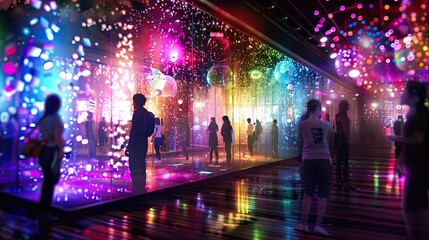 Futuristic neon-lit cityscape featuring colorful digital signs reflecting on a wet street at night...