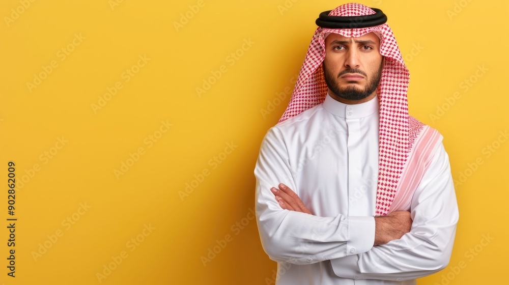 Poster portrait of a serious and somber looking arab businessman with a sullen expression on a minimalist p