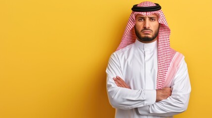 Portrait of a serious and somber looking Arab businessman with a sullen expression on a minimalist pastel yellow background with ample copy space and deep depth of field