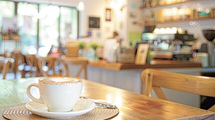 Cozy cafe setting featuring a beautifully crafted latte with intricate art on a wooden table, with a welcoming atmosphere...