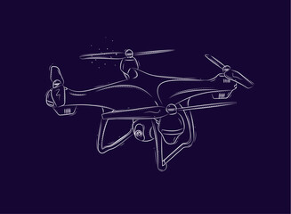 Quadcopter for photo and video shooting drawn in white on blue background