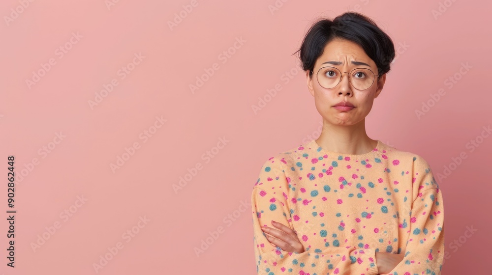Poster portrait of a thoughtful brooding asian woman with a serious pensive expression on a pastel pink bac