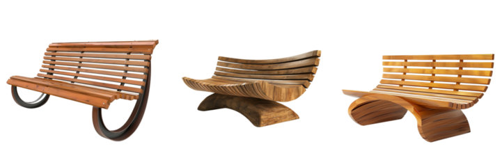 Set of charming wooden park bench with a slatted back and seat, perfect for a garden setting isolated on transparent background  (2)