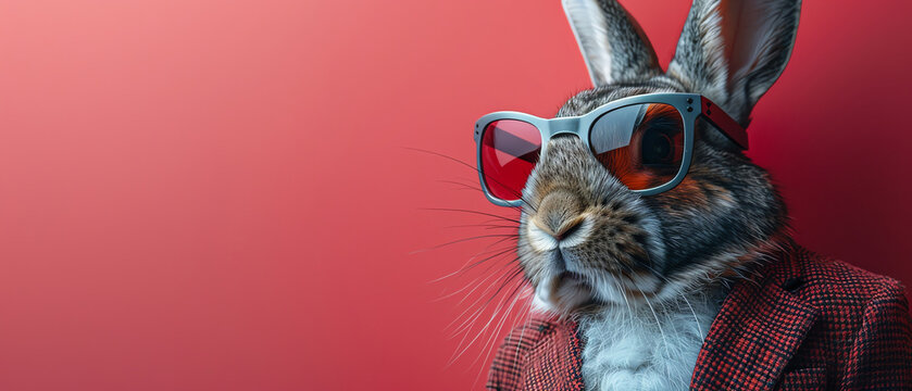 Dancing rabbit in tuxedo, sunglasses, pink background, energetic and playful