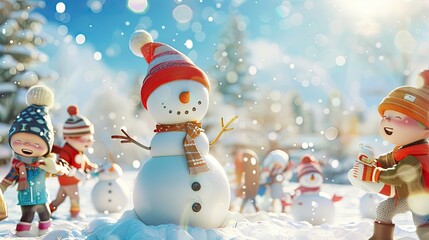 Charming animated scene featuring a cheerful snowman and children playing in a snowy winter wonderland, surrounded by holiday decorations...