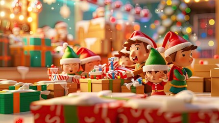 Charming animated scene of Santa and his elves working in a festive Christmas workshop, surrounded by presents, decorations, and holiday cheer...