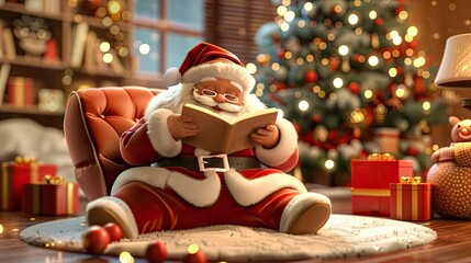 Charming animated scene of Santa and his elves working in a festive Christmas workshop, surrounded by presents, decorations, and holiday cheer...