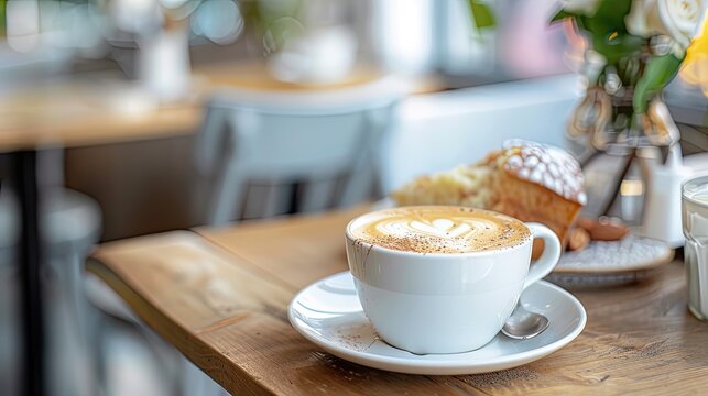 Cozy cafe setting featuring a beautifully crafted latte with intricate art on a wooden table, with a welcoming atmosphere...