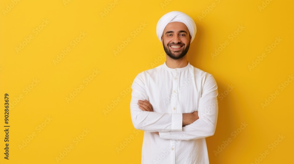 Poster confident and friendly looking arab man with a warm grin posing against a vibrant pastel yellow stud