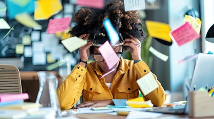 A stressed woman sitting at her desk, overwhelmed by colorful sticky notes, highlighting the chaos and pressure of work tasks...