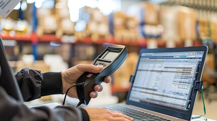 Close-up of a worker managing warehouse inventory using a barcode scanner and a laptop, ensuring accurate stock control and data entry...