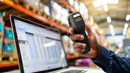 Close-up of a worker managing warehouse inventory using a barcode scanner and a laptop, ensuring accurate stock control and data entry...