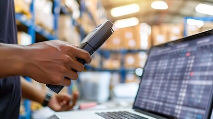 Close-up of a worker managing warehouse inventory using a barcode scanner and a laptop, ensuring accurate stock control and data entry...