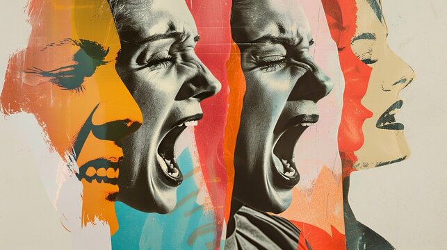 Emotional turmoil in a family crisis, depicting a retro woman angrily shouting and screaming. The collage represents the psychological stress and emotional pressure in contemporary relationships