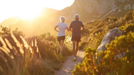 Obraz premium A couple enjoying a run along a scenic coastal path at sunset, overlooking the ocean with mountains in the distance...