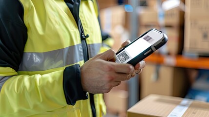 Close-up of a worker scanning a barcode in a warehouse, focusing on the scanner and barcode. Shelves and boxes in the background...