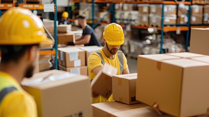 Warehouse workers wearing yellow hard hats sort and stack boxes in a busy storage facility, ensuring efficient logistics operations...