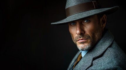 Man in gray suit and fedora, dark background, sophisticated and classic