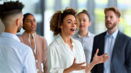 Obraz premium group of business professionals in a modern office, woman speaking with enthusiasm, colleagues listening and interacting, with copy space,