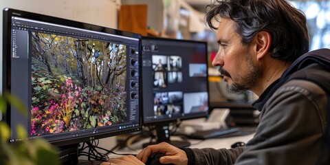 Man editing photos on a computer in a studio