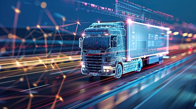 A futuristic truck adorned with a digital network overlay driving on a highway at dusk, symbolizing advanced logistics technology...