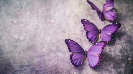 A row of purple butterflies are arranged in a line. The butterflies are all different sizes and are positioned at various angles. Concept of harmony and beauty