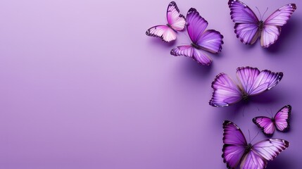 Obraz premium A row of purple butterflies are arranged in a line. The butterflies are all different sizes and are positioned at various angles. Concept of harmony and beauty