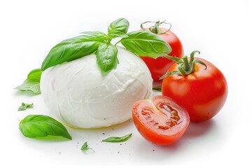 Delicious Mozzarella Cheese with Fresh Basil and Tomatoes. Hand painted Watercolor Illustration