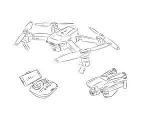 Drone quadcopter in folded and unfolded form and controller for remote control drone drawn in white on blue background