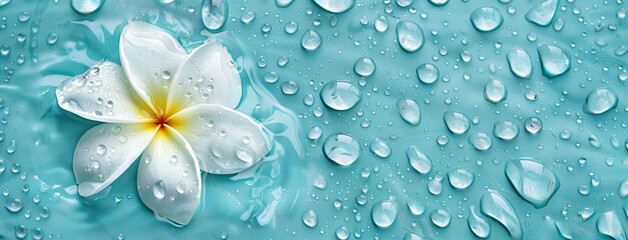 Plumeria flower on a turquoise blue water surface with a banner in the style of copy space, representing a spa and wellness concept. White frangipani amid tropical raindrops, Generative AI