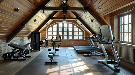 Home gym room in the attic design concept