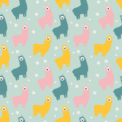 Blue Fluffy Llamas Seamless Pattern, Repeat Pattern