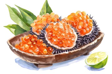 Delicious Sea Urchin Caviar. Hand-drawn Watercolor Illustration of Fresh Japanese Sashimi Ingredient