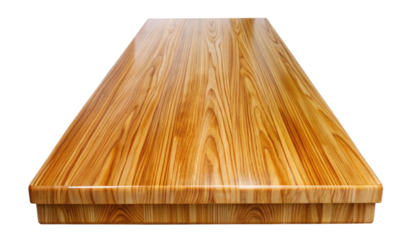 Rectangular wooden countertop with a shiny finish isolated on a transparent background