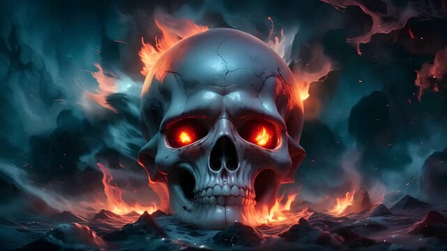 Evolving Skull Fire orange Blue hues dark stormy clouds background ocean waves swirling vortex 4k Background
