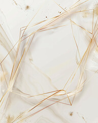 an abstract, irregular gold geometric frame on a light marble-textured background with subtle splashes of gold