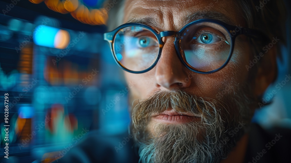 Poster man analyzing market trends on computer. man with glasses deeply focused on analyzing market trends 