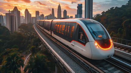 Fototapeta premium Modern metro train in cityscape at dusk. Modern metro train traveling through a cityscape at dusk, highlighting urban transit against a sunset backdrop.