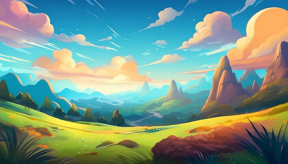 illustration cartoon 2d style. of landscape on the background and a beautiful sky
