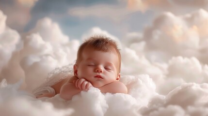 Cherubic infant peacefully napping on soft clouds in a realistic sleeping position