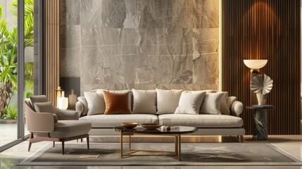 Contemporary furniture set in a modern living room, captured in a 3D rendering