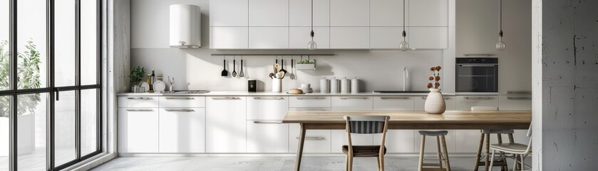 Fototapeta premium A large kitchen with a white counter and wooden cabinets. The kitchen is very clean and well-organized